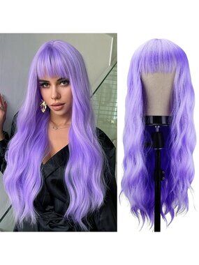 Women's Ombre Blonde 26 Inch Natural Looking Synthetic Fiber Long Wavy Wigs Bang